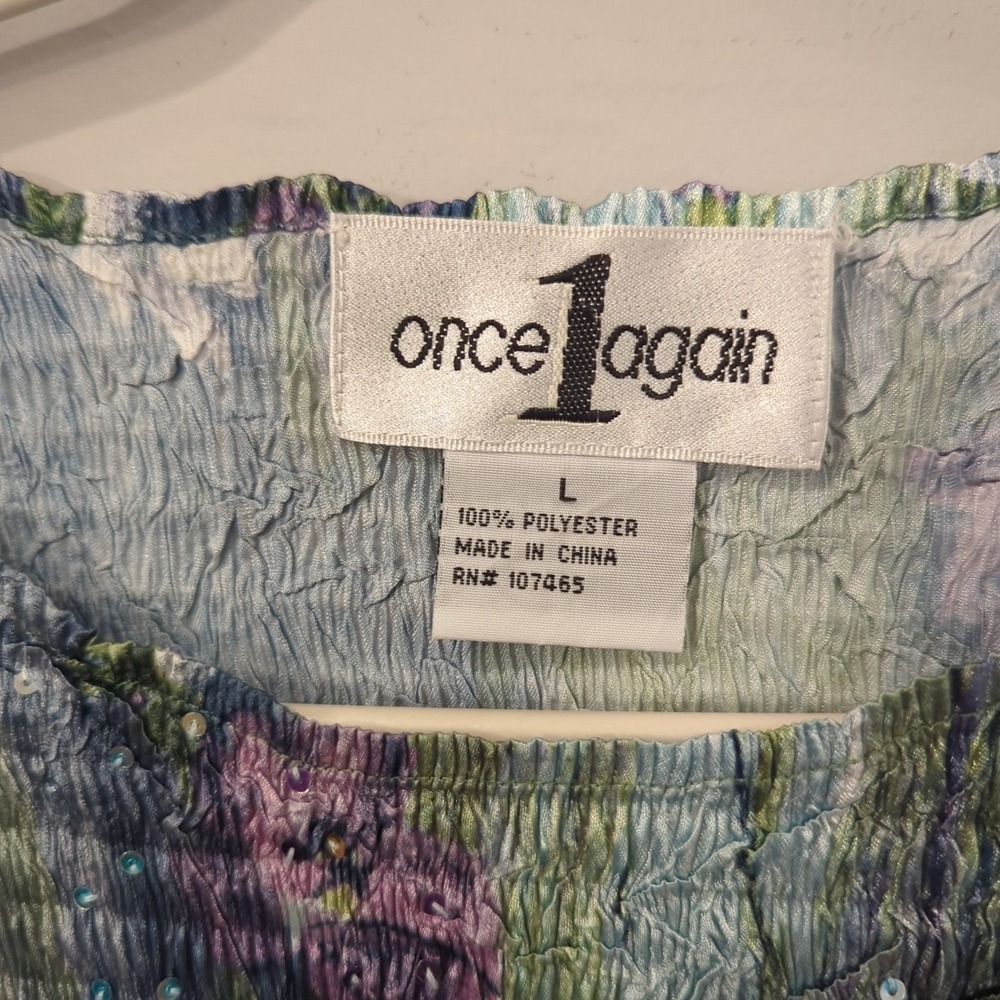 Y2K Crinkle Sequin Top Green Blue 3/4 Sleeve Blouse‎ L image 3